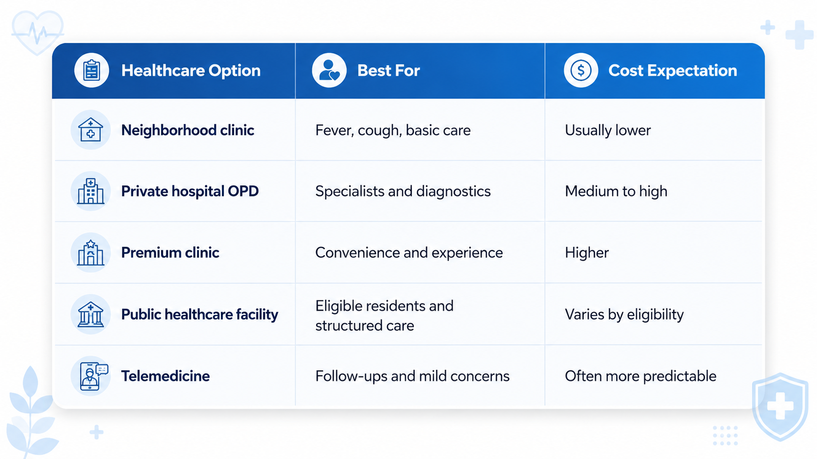 Healthcare options comparison table showing clinics, hospitals, public facilities, and telemedicine with best-use cases and expected costs.